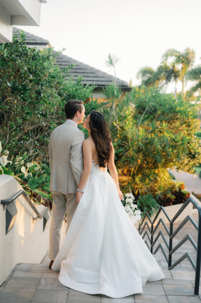 Modern and elegant wedding day photos at sunset on the gorgeous property of Bonita Bay Club.