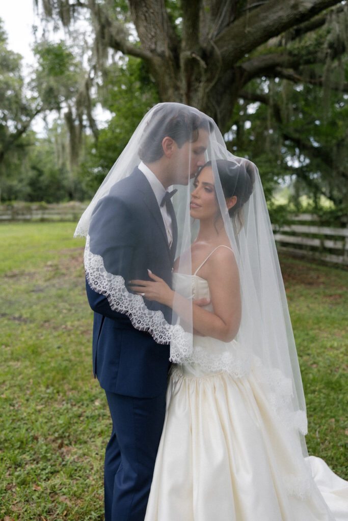 Nostalgic close-up of newlyweds captured in soft golden light